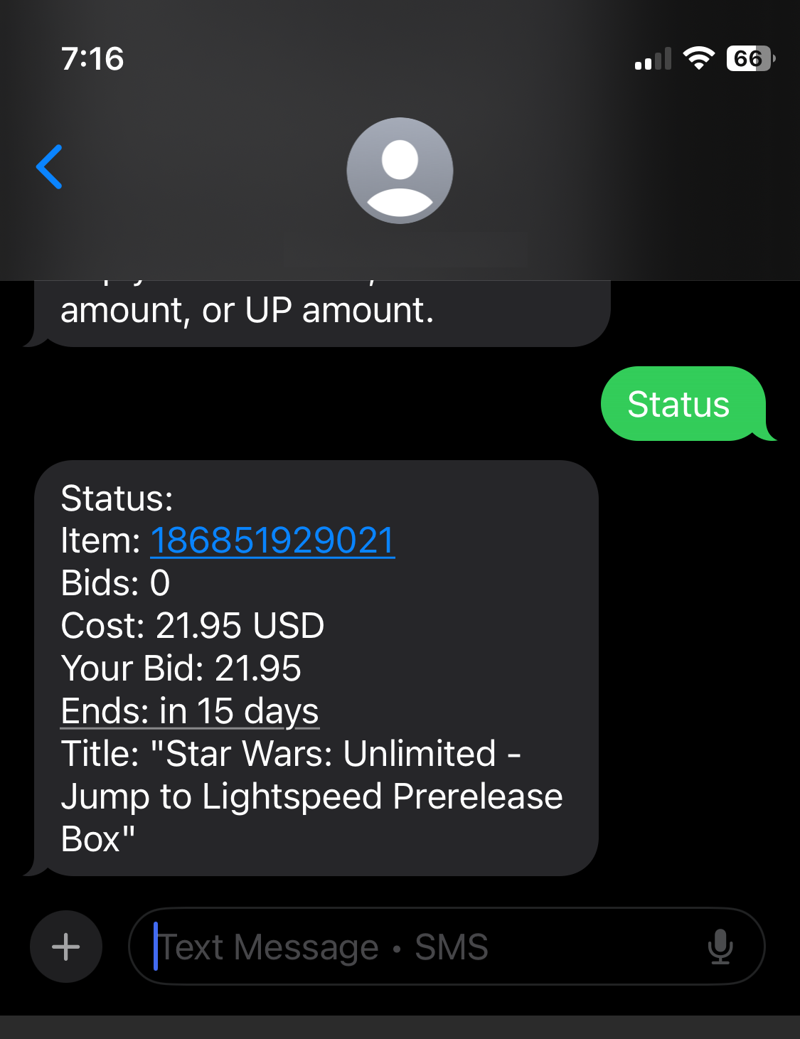 SMS Auction Sniper on phone